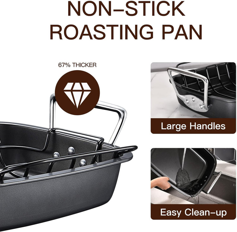 HONGBAKE Nonstick Turkey Roasting Pan with Rack 17x13 - for Large Turkey  Chicken Heavy Duty Dark Grey