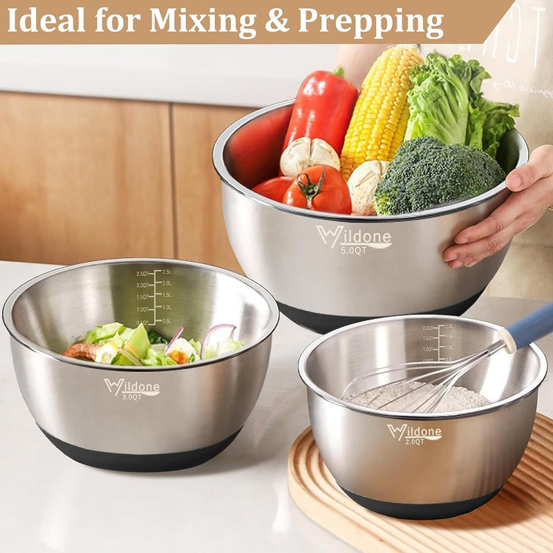 27-Piece Stainless Steel Mixing Bowls Set with Airtight Lids and Grater Attachments - Non-Slip Bottom Ideal for Mixing and Prepping Sizes 063QT-5