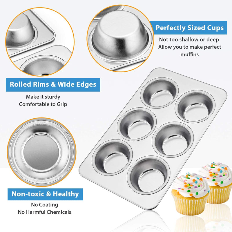 Stainless Steel 6-Cup Muffin Pan Set - Non-toxic  Dishwasher Safe - Regular Size