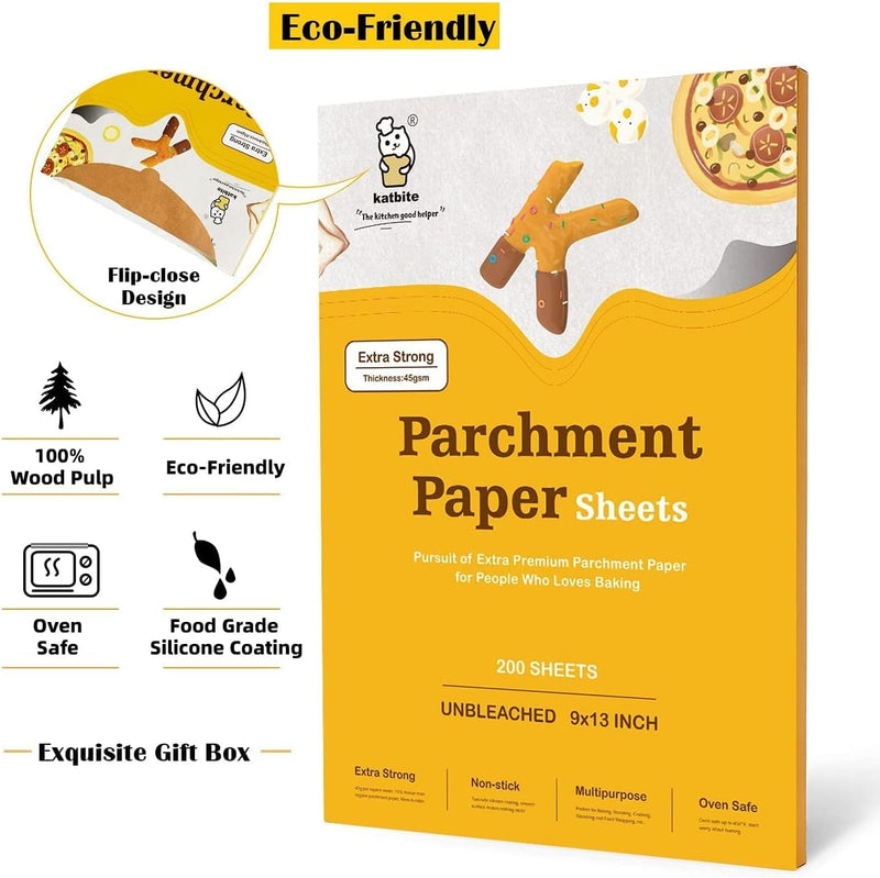 Katbite 200Pcs 12x16 In Unbleached Parchment Paper for Baking - Heavy Duty Precut Sheets for Oven Air Fryer Cookies