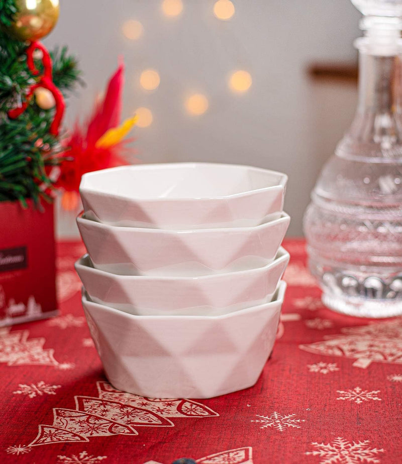 Porcelain Ramekins Set of 6 - White Geometric Bowls for Baking and Serving 8 oz Capacity