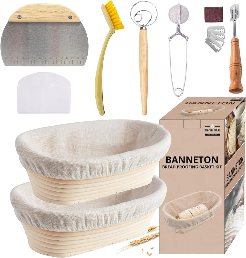 TRAILBLAZE Sourdough Baking Supplies - 2 Oval Banneton Baskets Bread Lame Whisk Scraper Duster