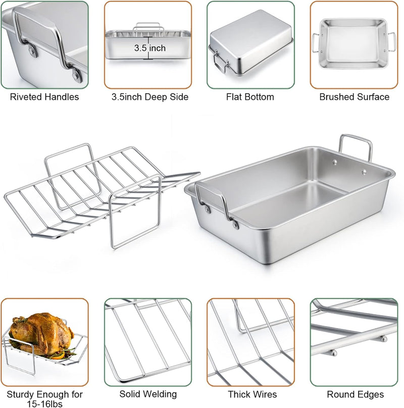 TeamFar Roasting Pan with Rack - 14 Inch Stainless Steel Turkey Lasagna Set