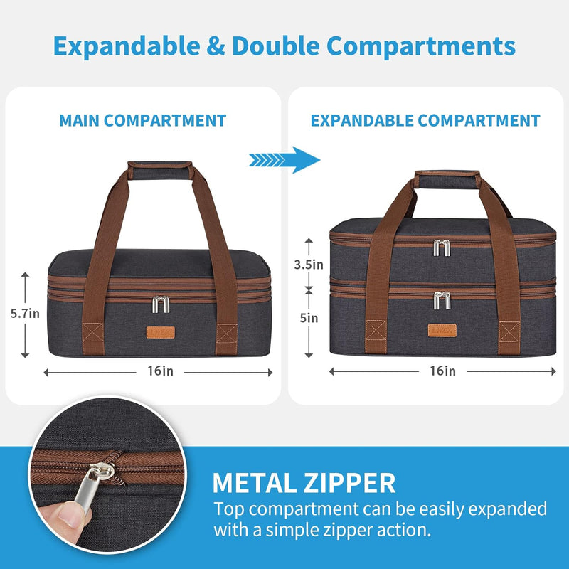 Insulated Double Decker Casserole Carrier - HotCold Food Expandable Grey