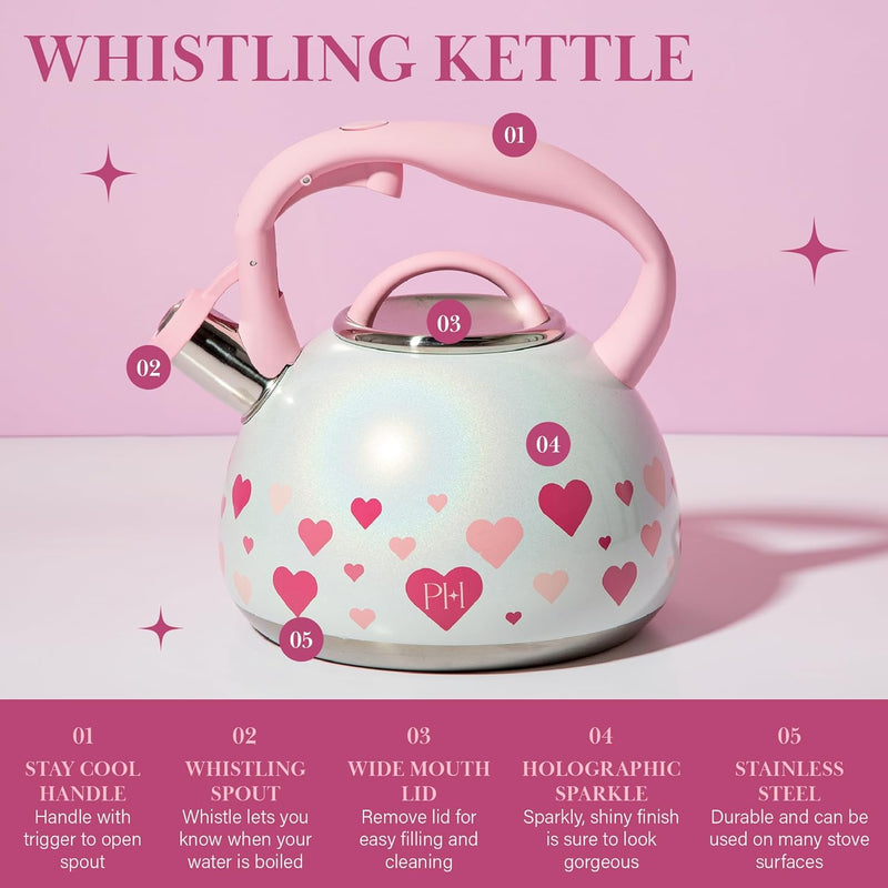 Paris Hilton Color Changing Tea Kettle Stainless Steel Soft Touch Handle 25-Quart Pink