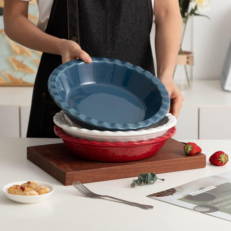 Ceramic Deep Dish Pie Pan with Lace Emboss - Grayish Blue