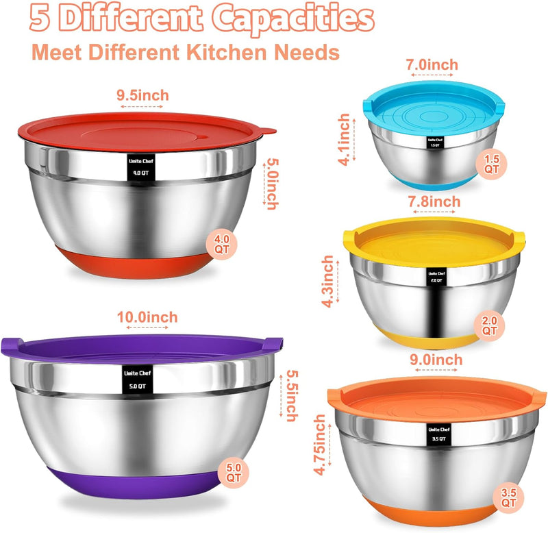 Umite Chef Mixing Bowls Set with Airtight Lids Stainless Steel 8PCS Khaki Non-Slip Bottoms Grater Attachments Sizes 5-15QT