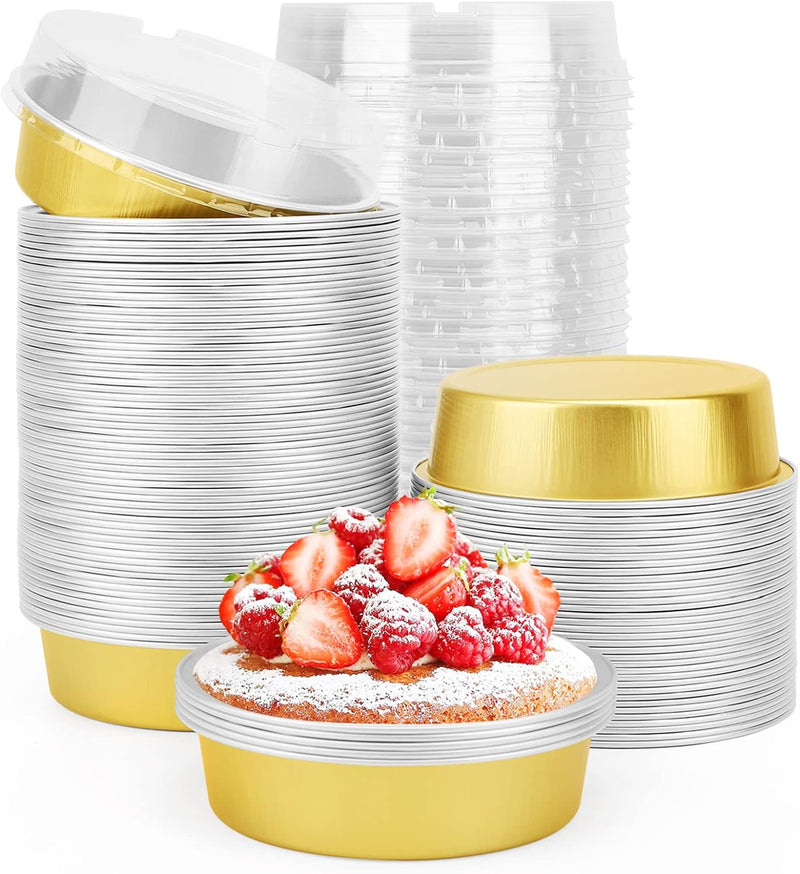 50-Pack Disposable 4 Mini Tart Pans with Lids in Golden Aluminum - Ideal for Baking Pies Tarts Quiches and Cakes