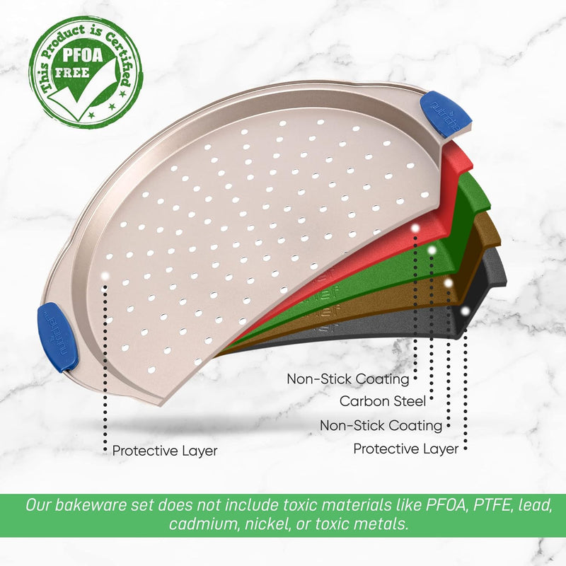 Non-Stick Pizza Tray with Silicone Handle and Perforated Holes - Premium Bakeware for Easy Cooking and Cleaning - NCBPIZ6