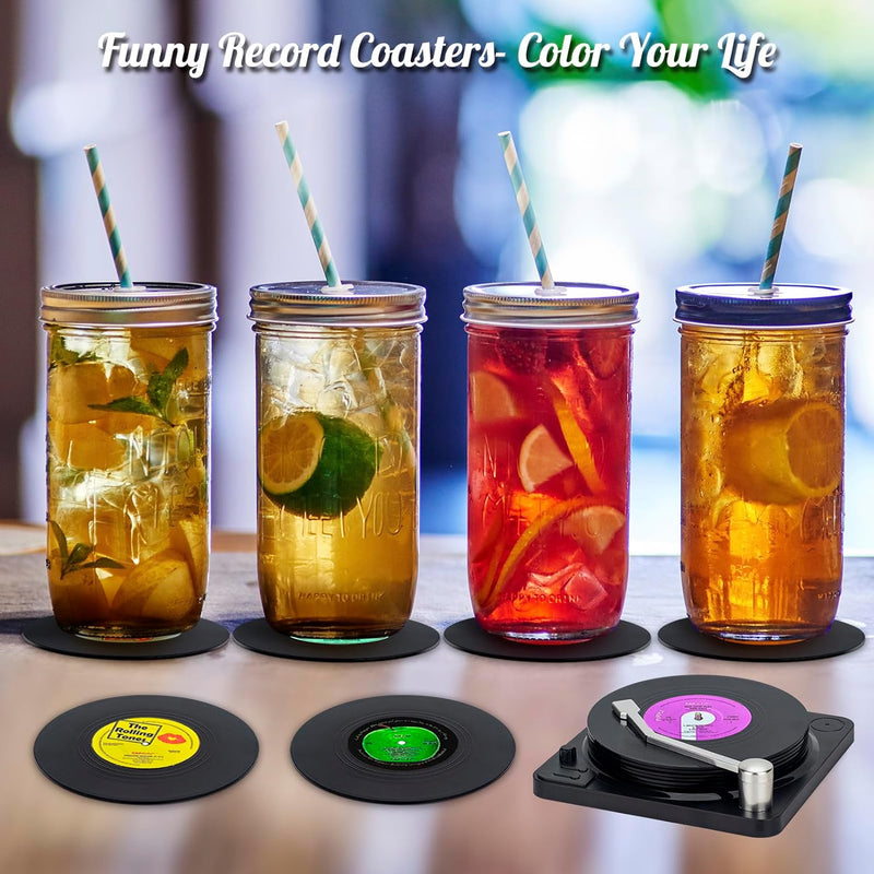 Funny Retro Vinyl Record Coasters with Player and Unique Labels - Valdivia 6 Piece Set for Music Lovers Home Decor and Gifts