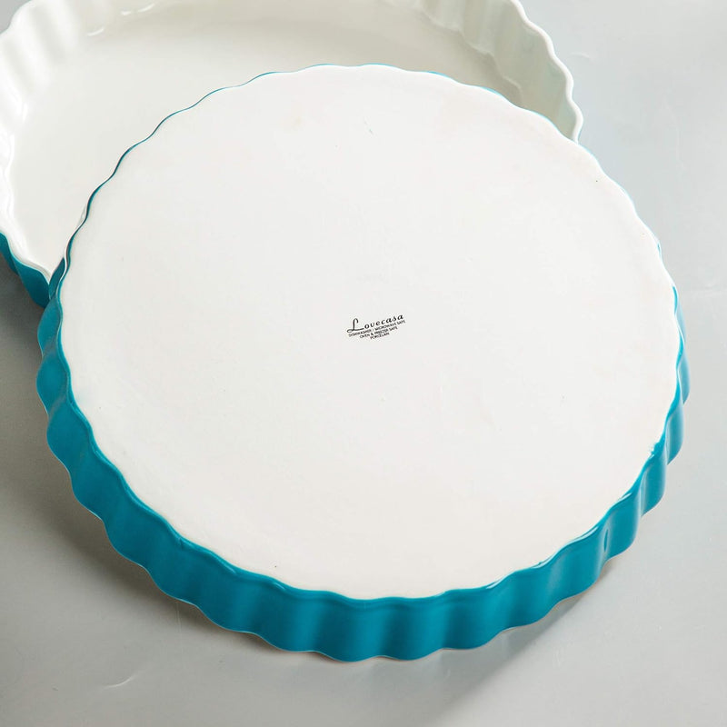 LOVECASA 10 Inch Porcelain Quiche Baking Dish - Non-Stick Tart Pan with Ruffled Edge MicrowaveDishwasherOven Safe White