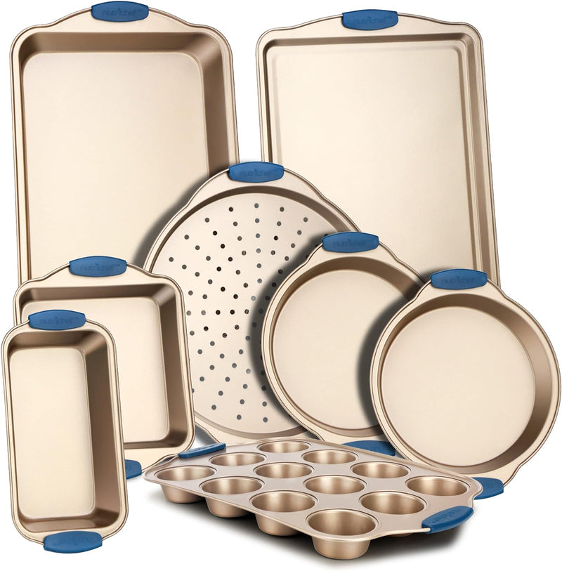 NutriChef 10-Piece Nonstick Bakeware Set with Silicone Handles and Gold Accents