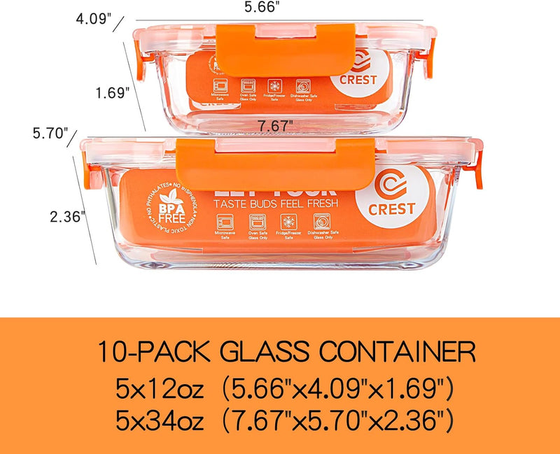 10-Pack UMEIED Glass Food Storage Containers - Leakproof Airtight Meal Prep Containers for Lunch On the Go Leftovers - Dishwasher Safe