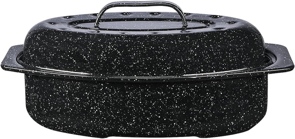 Granite Ware Oval Roaster 13 with Lid - Black Speckled Enamelware