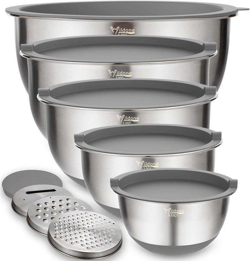 5-Piece Stainless Steel Mixing Bowls Set with Airtight Lids Grater and Non-Slip Bottoms