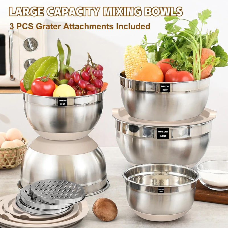 Umite Chef Mixing Bowls Set with Airtight Lids Stainless Steel 8PCS Khaki Non-Slip Bottoms Grater Attachments Sizes 5-15QT