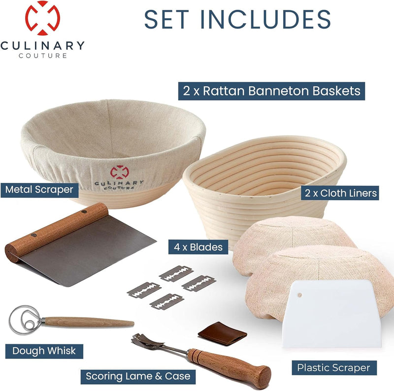 Sourdough Proofing Basket Set with Scraper Lame Whisk and Blades - Complete Starter Kit