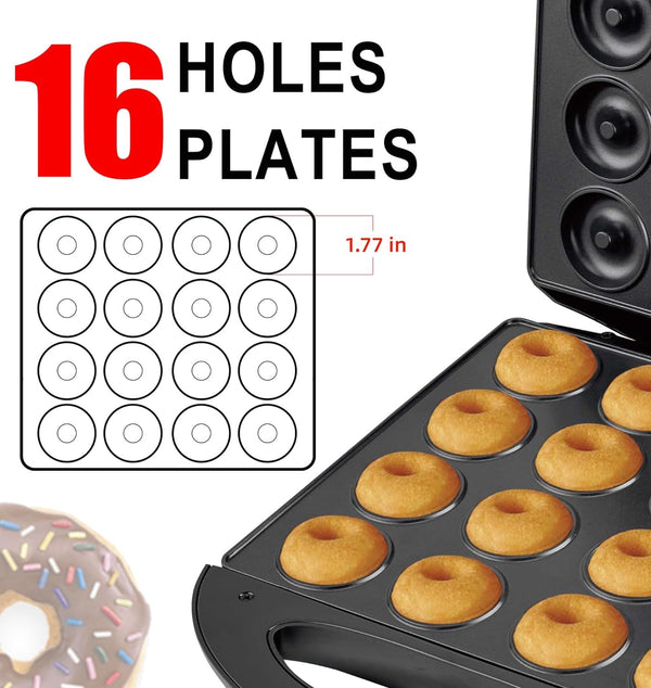 Donut Maker - 1400W Non-Stick Machine for 16 Doughnuts - Kid-Friendly for Home  Travel Use