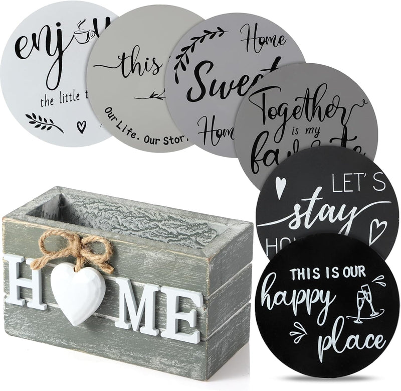 Wooden Heart Coasters Set of 6 with Holder - Farmhouse Style - Coffee Table Protection