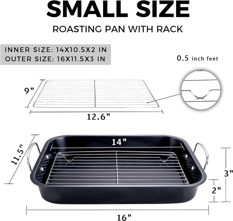 HONGBAKE Nonstick Roasting Pan with Flat Rack and Stainless Steel Handles 16 x 11Inch