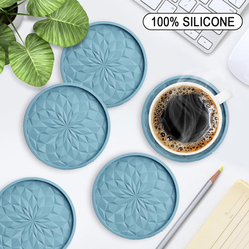 MEFAN Silicone Coasters 6 Pack with Holder - Non-Slip Deep Tray for HotCold Drinks - Black