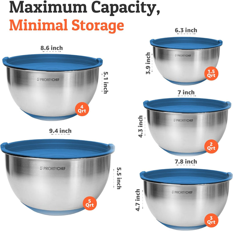 Premium Mixing Bowl Set with Airtight Lids - Thicker Stainless Steel - 152345 Qrt - Black