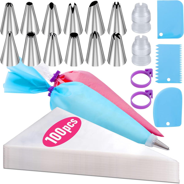 100-Piece Piping Bags and Tips Set with Disposable and Reusable Options - Cake Decorating Kit with Frosting Tips Bag Ties and Cake Scraper