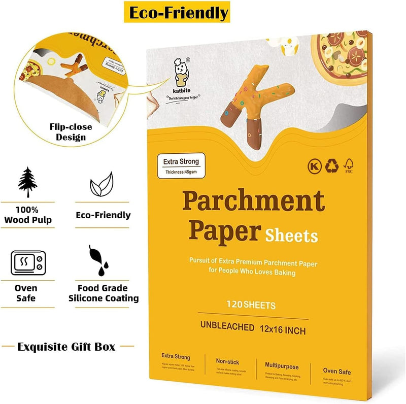 Katbite 200Pcs 12x16 In Unbleached Parchment Paper for Baking - Heavy Duty Precut Sheets for Oven Air Fryer Cookies