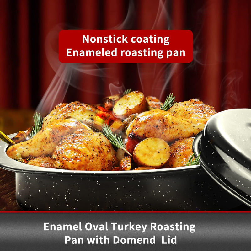 JY COOKMENT 19 Enameled Granite Roaster Pan with Domed Lid - Oval Turkey Roaster Pot Great for Turkey Chicken Lamb Vegetable - Dishwasher Safe 20Lb Capacity