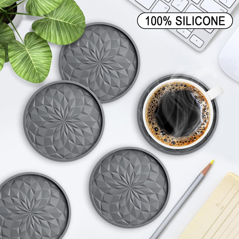 MEFAN Silicone Coasters 6 Pack with Holder - Non-Slip Deep Tray for HotCold Drinks - Black