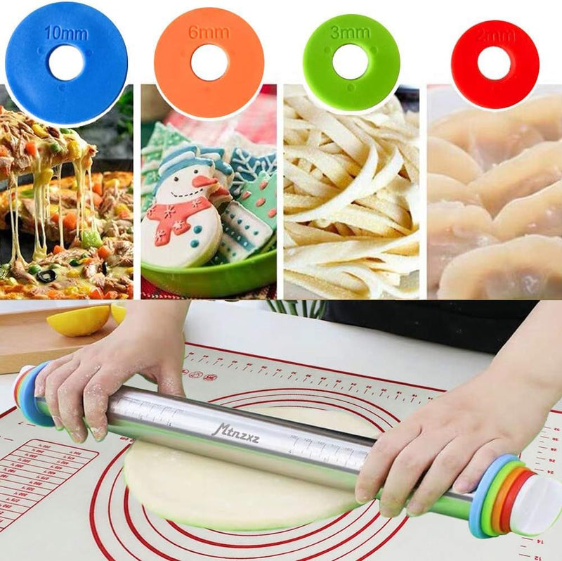 Rolling Pin  Silicone Baking Mat Set - Stainless Steel Dough Roller wAdjustable Thickness Rings - for Pizza Pie Pastries Pasta Cookies