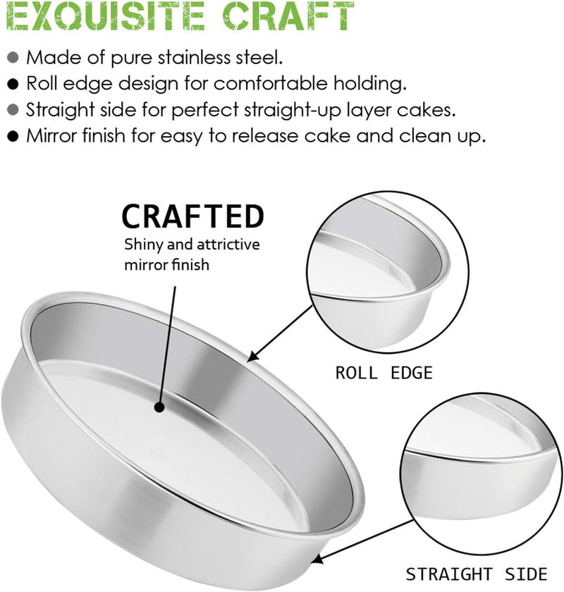 8-Inch Stainless Steel Round Cake Pan Set of 3 - Non-Toxic Mirror Finish Dishwasher Safe