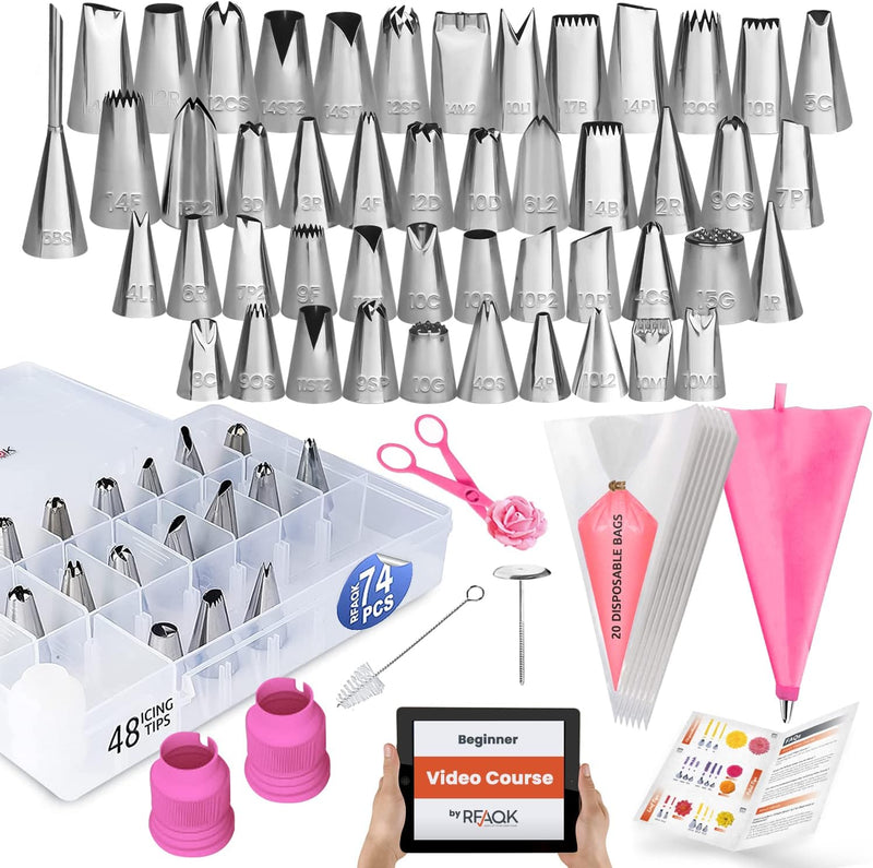 74-Pc Cake Decorating Kit with 48 Numbered Tips 201 Piping Bags Booklet E-book