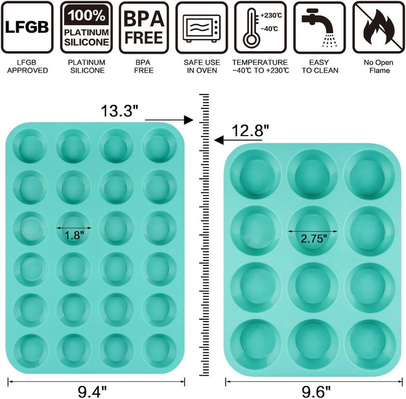 Silicone Muffin Pan Cupcake Set - 24 Mini Cups and 12 Regular Cups Nonstick BPA-Free with 12 Silicone Baking Cups