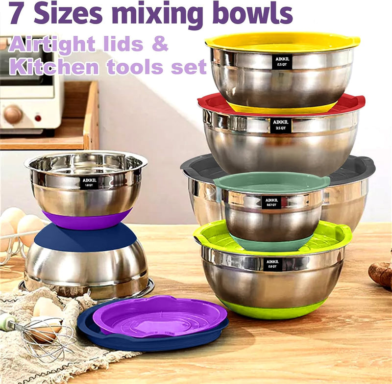 AIKKIL 20-Piece Stainless Steel Mixing Bowls with Airtight Lids and Non-Slip Bottom Size 7-067QT Great for Mixing Baking Serving Khaki