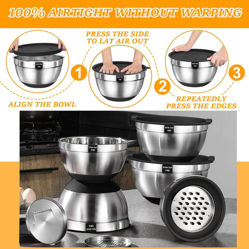 26-Piece Airtight Mixing Bowl Set with Grater Attachments and Non-Slip Bottoms - Stainless Steel Kitchen Gadgets in Khaki Various Sizes