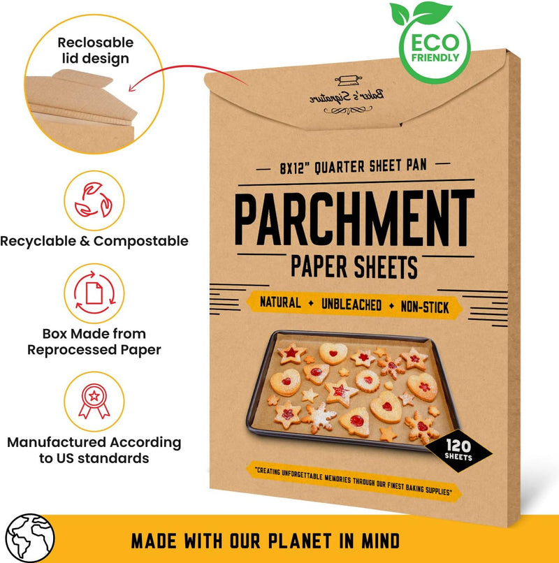 Bakers Signature Parchment Paper Baking Sheets - Non-Stick  Unbleached 120 Pack 12x16 Inch