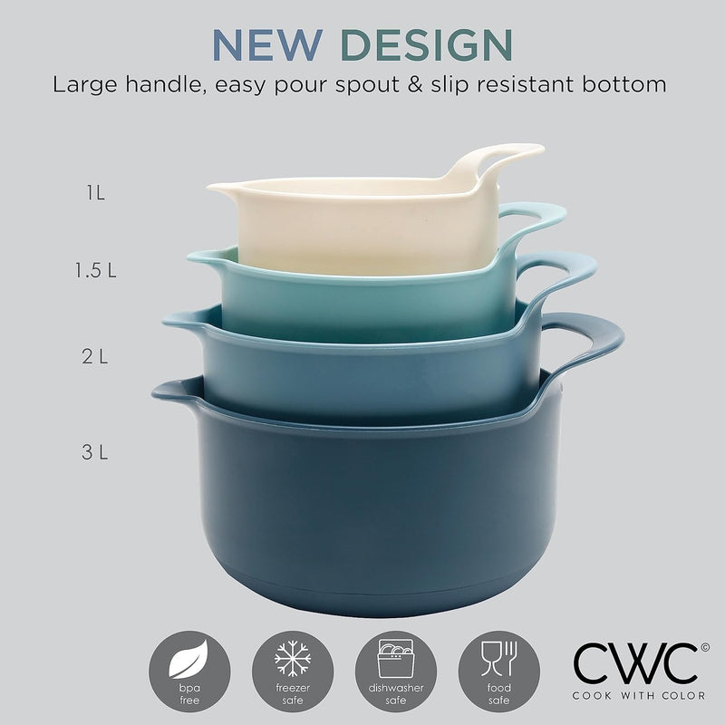 4-Piece Nesting Mixing Bowl Set - Blue Ombre - with Spouts and Handles