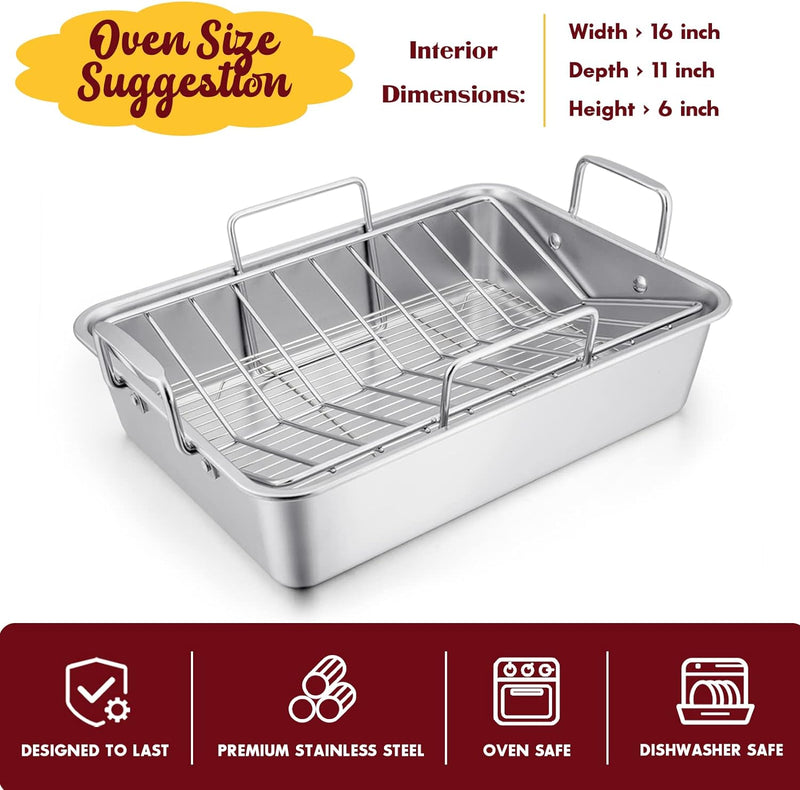 Stainless Steel Roasting Pan 14 Inch Turkey Roaster with Rack  Baking Set Dishwasher Safe