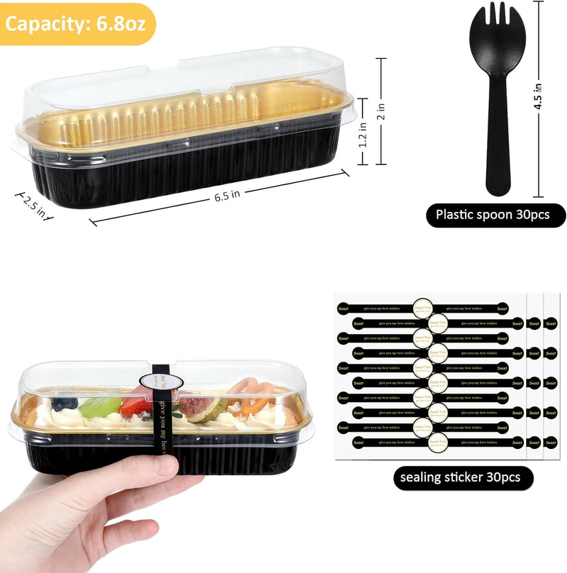 JuneHeart Aluminum Foil Mini Loaf Pans with Lids and Spoons - 100 Pack Black - 68oz Rectangle Baking Containers