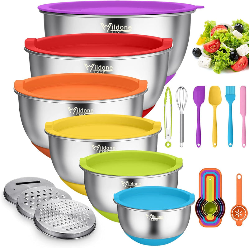 Wildone 22-Piece Stainless Steel Mixing Bowls Set with Airtight Lids Grater and Measurement Marks - Non-Slip Bottom