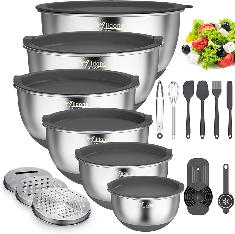 Wildone 22-Piece Stainless Steel Mixing Bowls Set with Airtight Lids Grater and Measurement Marks - Non-Slip Bottom