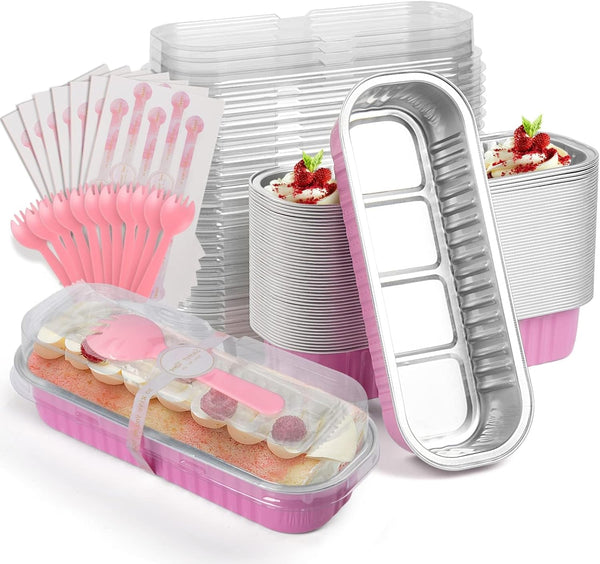 50-Pack Aluminum Bread Cupcake Pans with Lids and Spoons - 68oz Disposable Cake Tins for Picnics and Parties