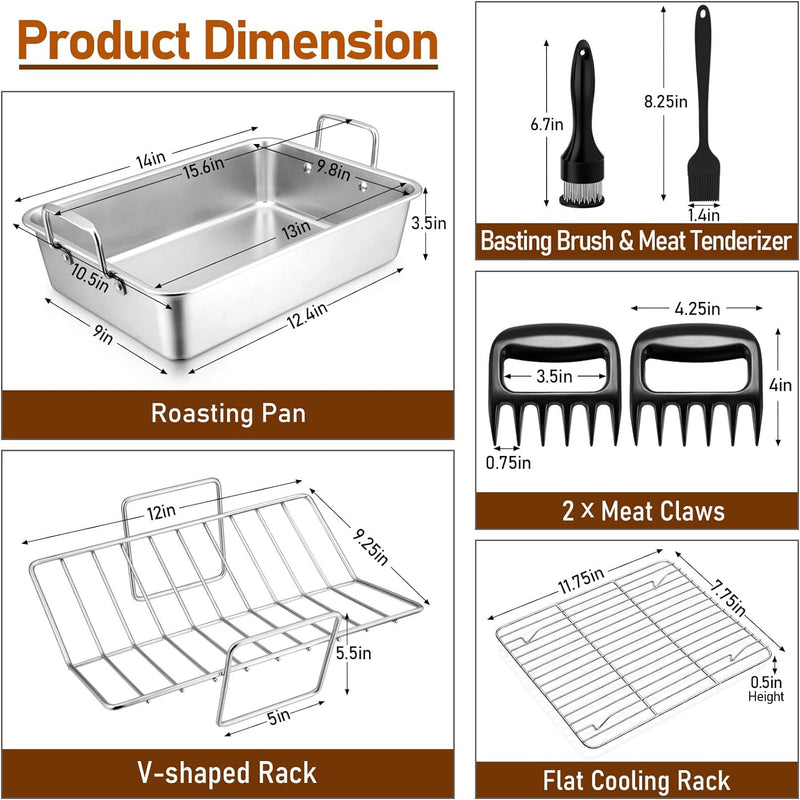 Joyfair 14-inch Stainless Steel Roasting Pan with Rack - Turkey  Chicken Meat Baking Dish - Lasagna Pan with Riveted Handle