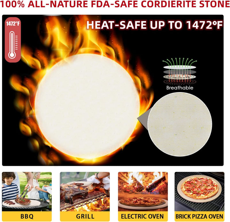 Round Pizza Stone Set - 5 PCS with Accessories and Cooking Paper for Perfect Pizza and Bread Baking