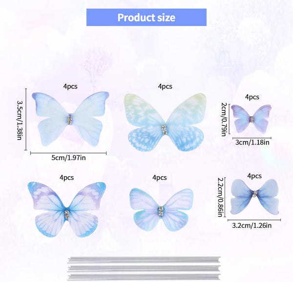 24Pcs 3D Butterfly Cake Toppers Decoration - Blue Party Decor Supplies