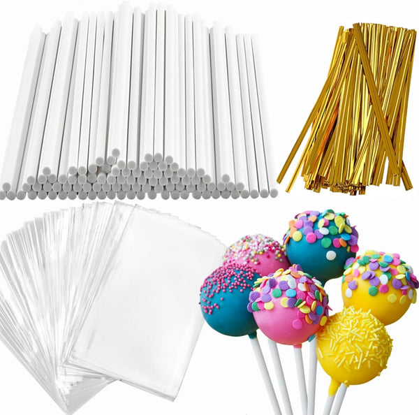 360pc Cake Pop Sticks and Wrappers Kit with 6 Lollipop Sticks Bags and Gold Twist Ties