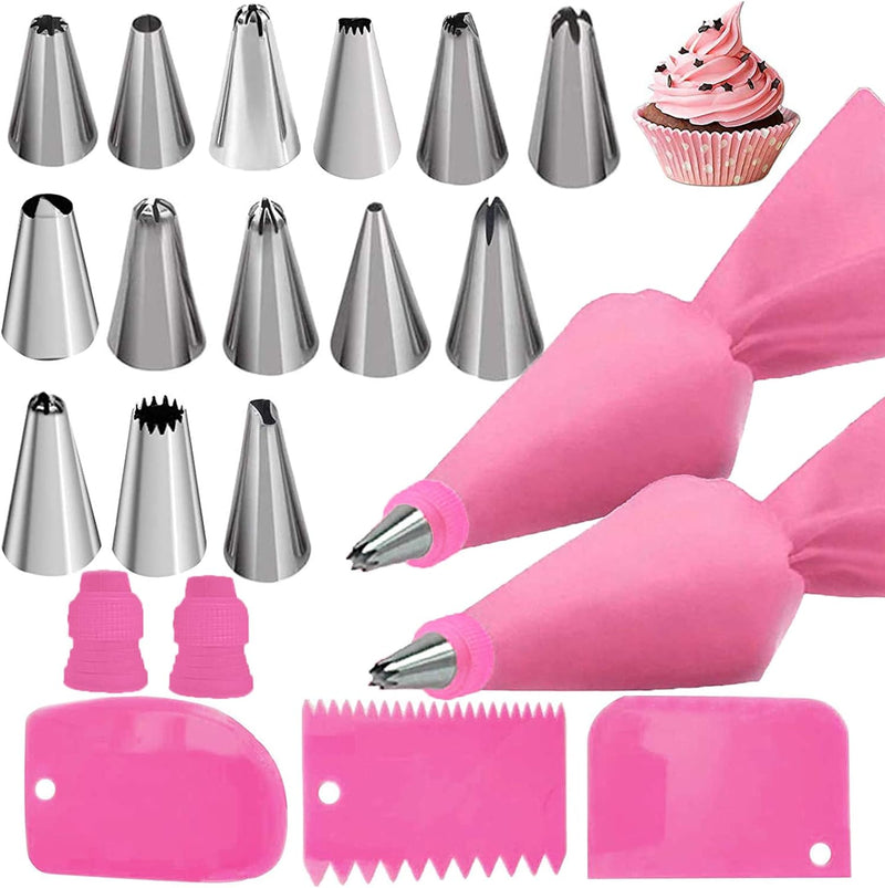 Silicone Icing Piping Bag with Stainless Steel Nozzle Set and Accessories