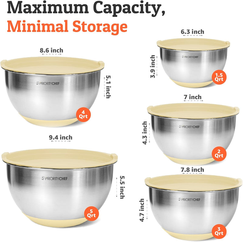 Premium Mixing Bowl Set with Airtight Lids - Thicker Stainless Steel - 152345 Qrt - Black