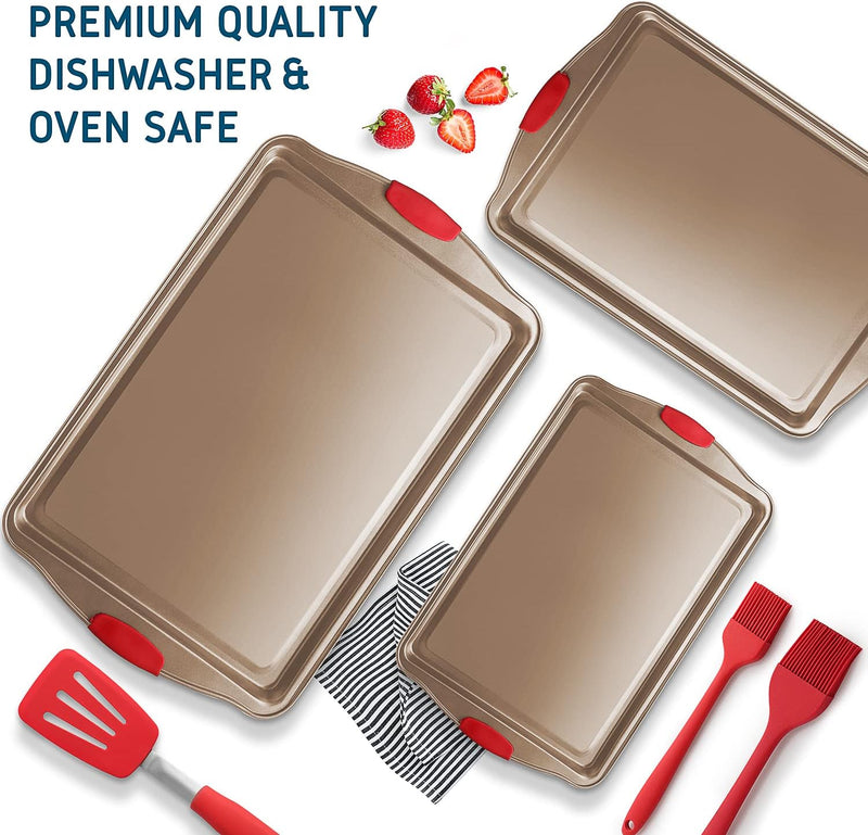 3-Piece Baking Sheet Set with Silicone Handles and Nonstick Coating